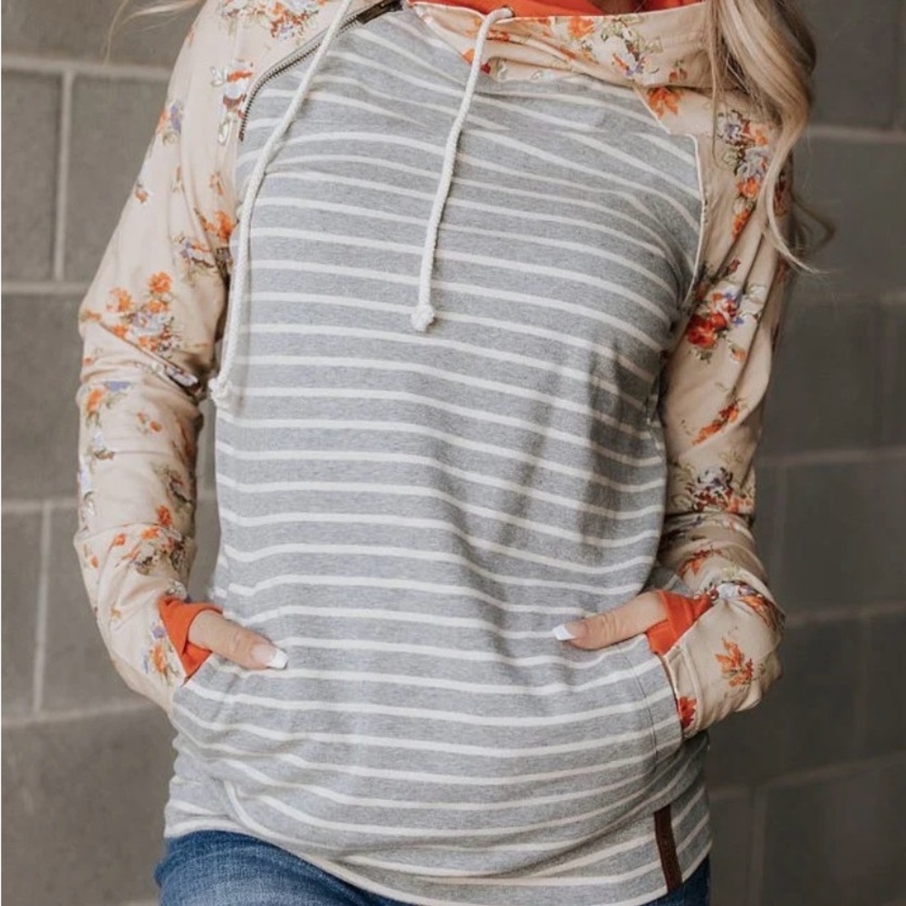 Ampersand Ave Striped and Floral Hoodie with Double Hood (GUC)